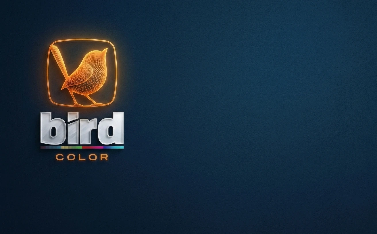 Logotipo Bird Color em efeito wireframe iluminado, sobre fundo azul-marinho